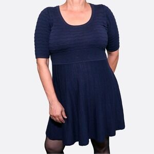 Navy Fit & Flare Knit Mini Dress Size M Thick Ribbed Wave Texture Fall Winter